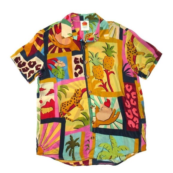 NWT Farm Rio Pajama Shirt in Tropical Collage Silky Viscose Blouse XS $140 - Picture 2 of 5